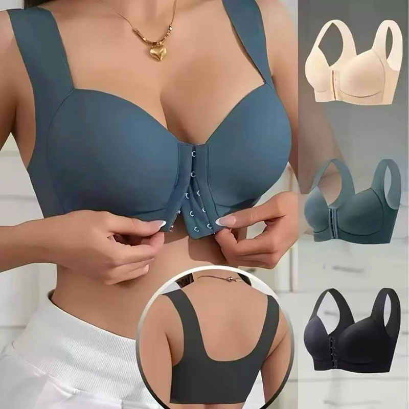 Large Size Seamless Women's Front Button Bra Vest-Style Fixed Cup Comfortable All Day Wear Breast-Shrinking Underwear